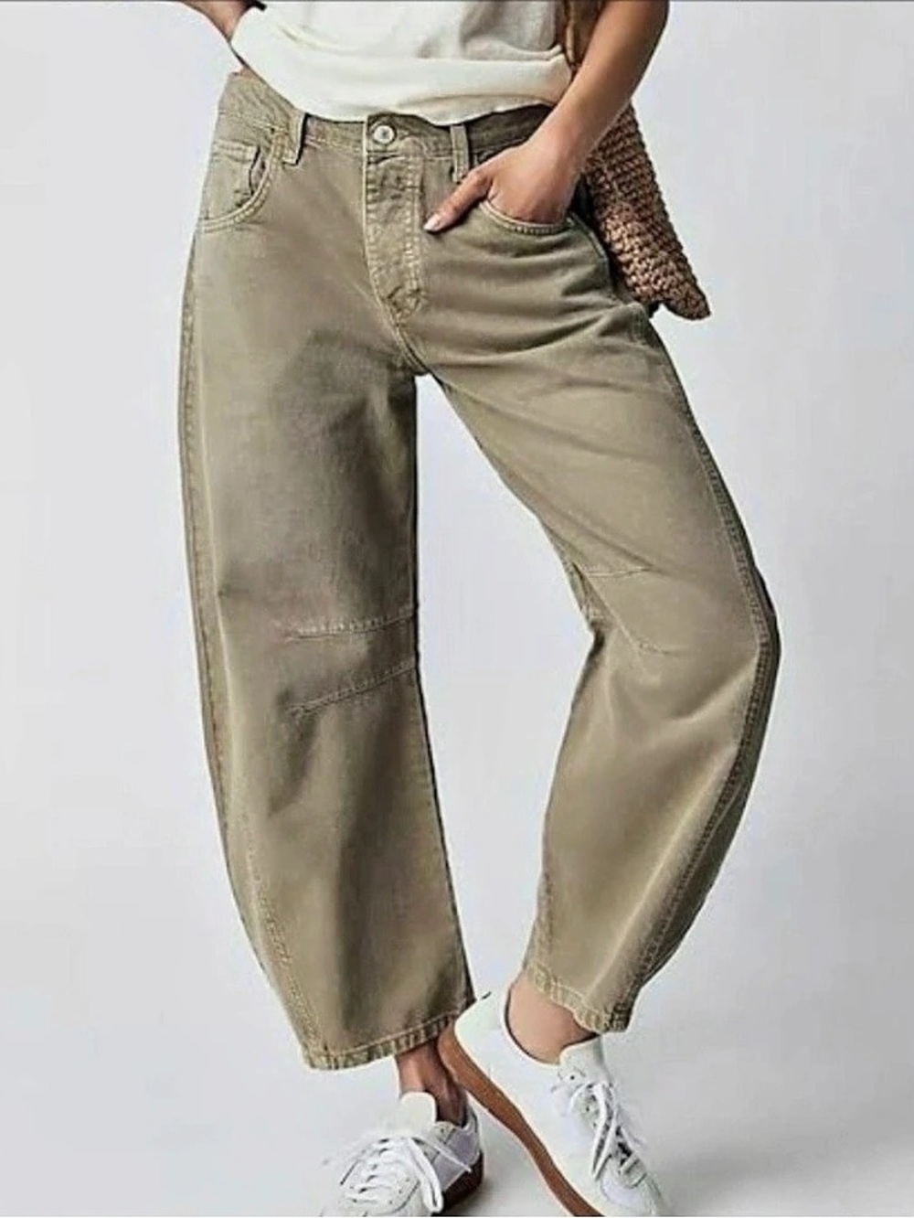 Green Mid Rise Barrel Leg Pants